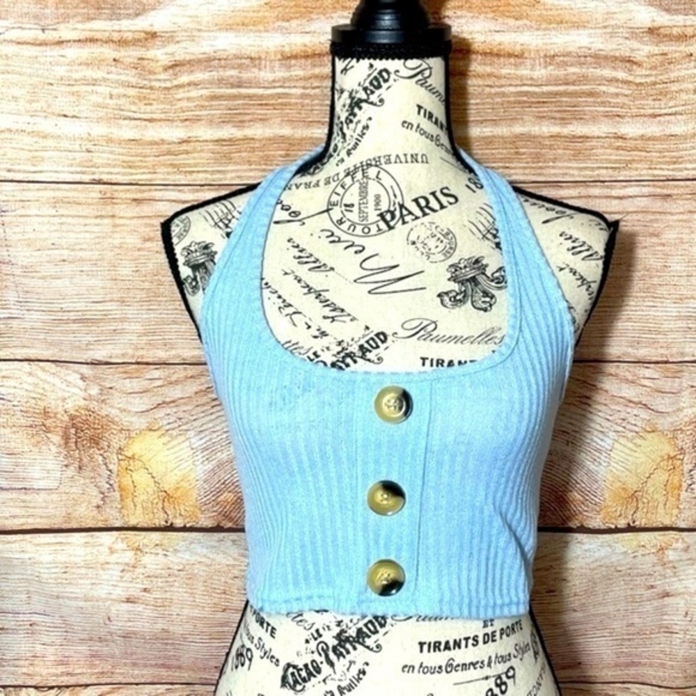 Shein Baby Blue Ribbed 3 Button Halter‎ Top